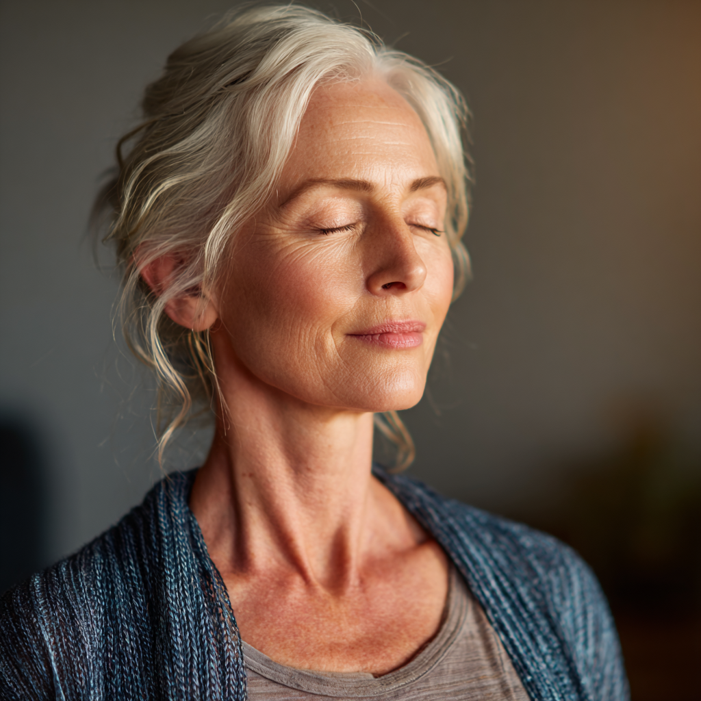 Mature woman practicing mindful breathing during yoga session