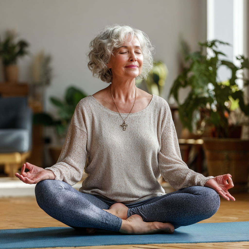 Senior adult practicing gentle yoga poses in peaceful environment